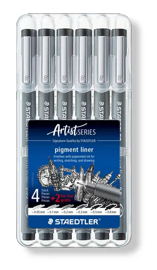 Produktfoto för Pigmentliner Staedtler sort - str. 0,05/0,1/0,2/0,3/0,5/0,8 mm - (6 stk.)