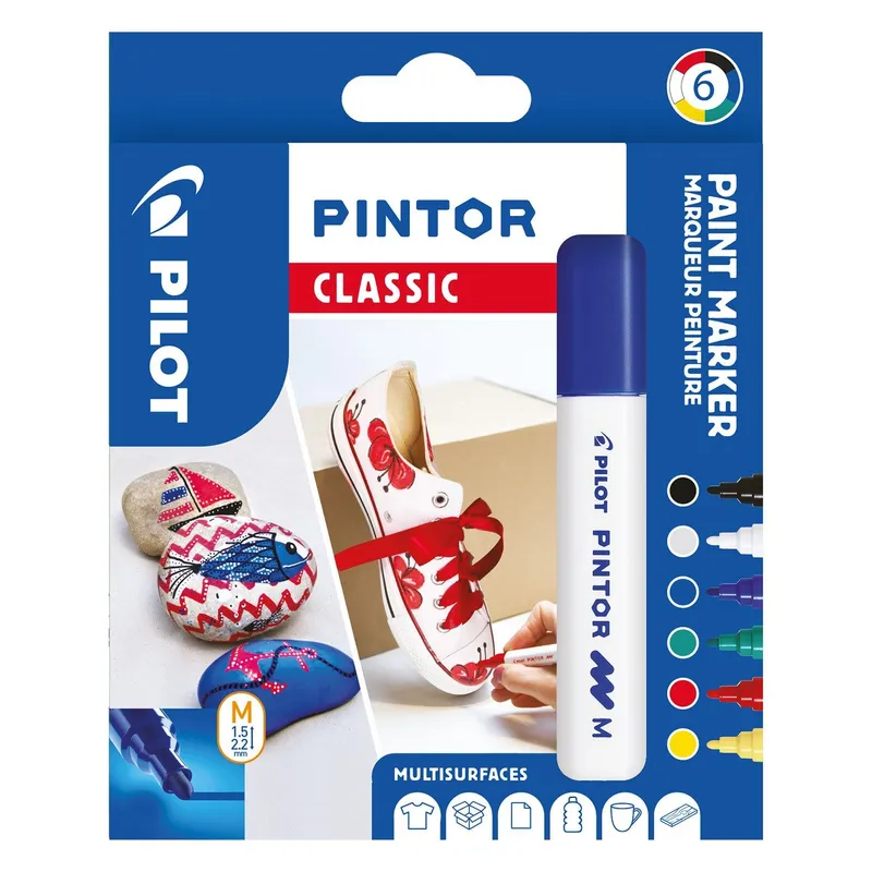 Alternativ bild 0 för Pilot Pintor Classic, 6 styck, Svart, Blå, Grön, Röd, Vit, Gul, Rundad spets, Blandade färger, Rund, 4,5 mm