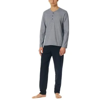 Alternativ bild 0 för Schiesser Casual Essentials Long Pyjama Button Mörkblå bomull XX-Large Herr