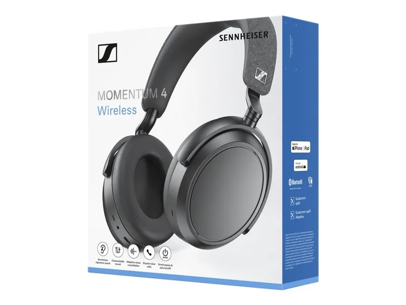 Alternativ bild 0 för Sennheiser MOMENTUM 4 - Hörlurar med mikrofon - fullstorlek - Bluetooth - trådlös, kabelansluten - aktiv brusradering - 2,5 mm kontakt, USB-C - svart
