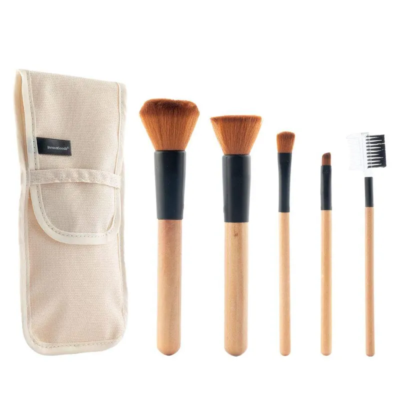 Bild 1 för Set med makeup-borstar i trä med bärväska Miset 5 Delar