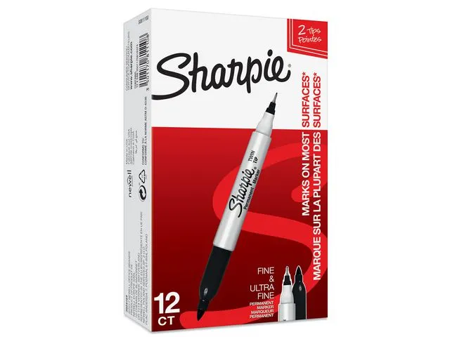 Alternativ bild 0 för Sharpie Twin Tip permanenta märkpennor | Fin och ultrafin spets | Svart | 12 stycken