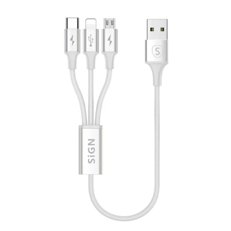 Alternativ bild 0 för SiGN 3-i-1 Kabel 0,25m - Lightning, USB-C, Micro-USB 5V, 3A - Vit