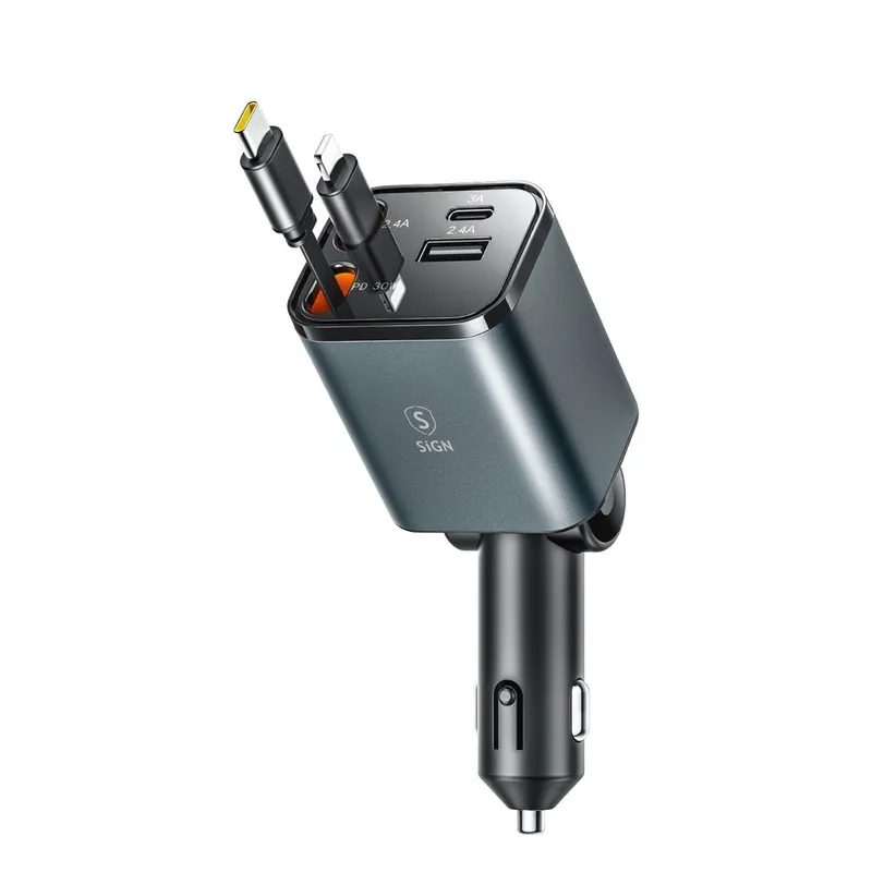 Alternativ bild 0 för SiGN 4-i-1 billaddare 30W med utdragbara USB-C/Lightning-kablar – svart