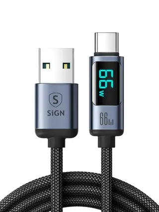 Produktfoto för SiGN Prism Series 66W USB-A till USB-C-kabel med skärm, 1,2 m - svart
