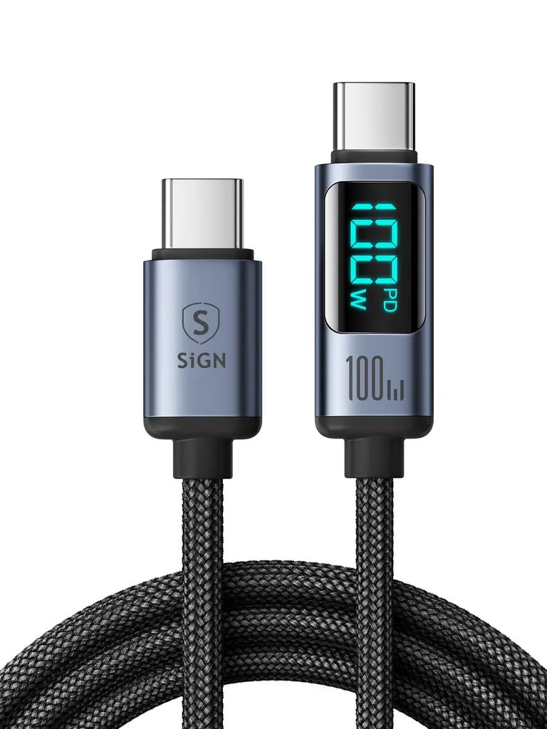 Alternativ bild 0 för SiGN USB-C till USB-C Kabel 100W med Display, 1.2m - Svart