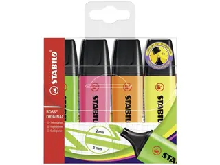 Produktfoto för STABILO Överstrykningspenna BOSS® ORIGINAL olika fluorescerande färger, snedskuren spets, 2 + 5 mm, 4 stycken i en plastförpackning, 70/4