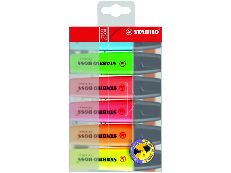 Alternativ bild 0 för STABILO Överstrykningspenna BOSS® ORIGINAL olika fluorescerande färger, snedskuren spets, 2 + 5 mm, 6 stycken i en plastförpackning, 70/6