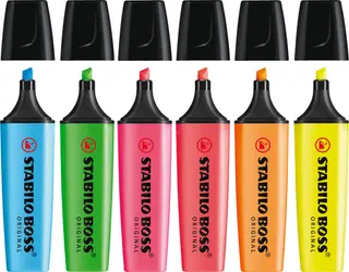 Produktfoto för STABILO Överstrykningspenna BOSS® ORIGINAL olika fluorescerande färger, snedskuren spets, 2 + 5 mm, 6 stycken i en plastförpackning, 70/6