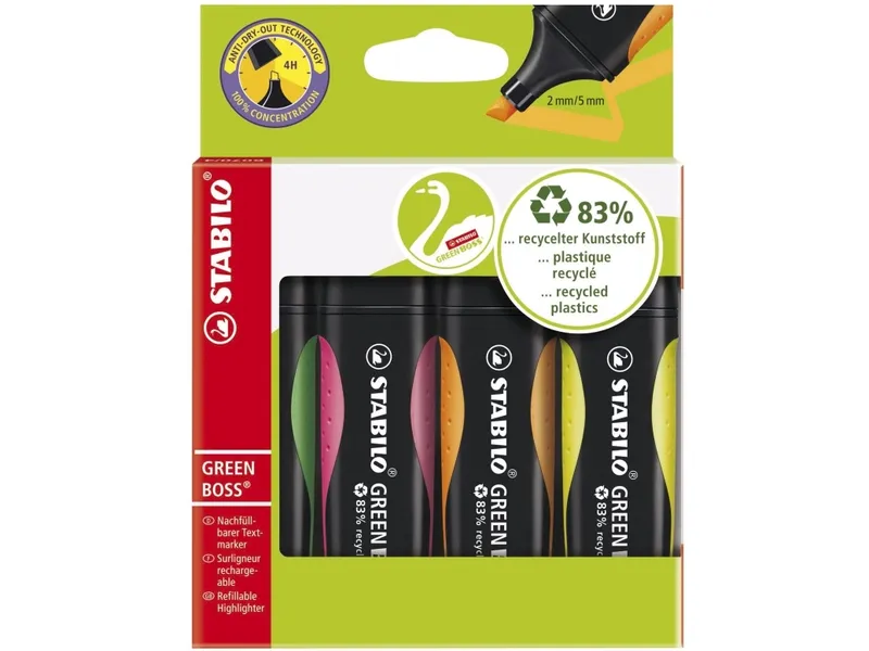 Alternativ bild 0 för STABILO Överstrykningspenna GREEN BOSS®, olika fluorescerande färger, snedskuren spets, 2 + 5 mm, 4 stycken, 6070/4