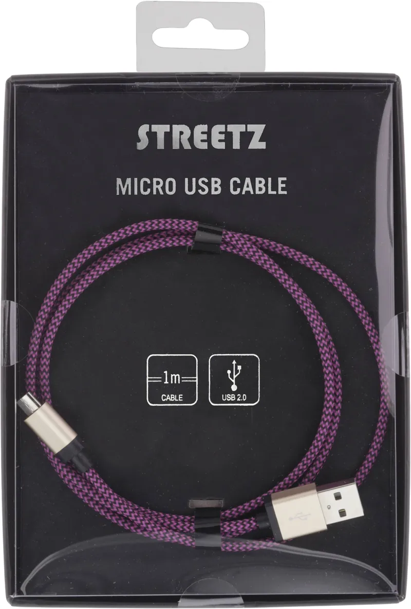 Bild 2 för STREETZ USB-synk-/laddarkabel, tygklädd, USB Typ A ha - USB Micro B ha, 1m, lila