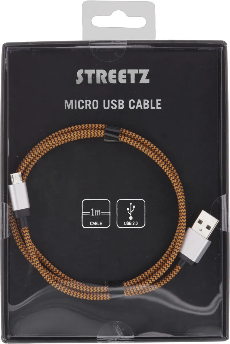 Bild 2 för STREETZ USB-synk-/laddarkabel, tygklädd, USB Typ A ha - USB Micro B ha, 1m, oran