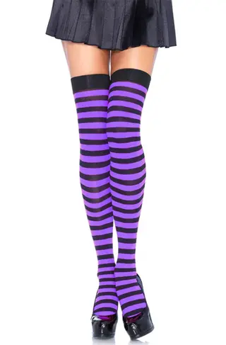 Produktfoto för Striped Nylon Thigh Highs Black/Purple O/S Strumpbyxor
