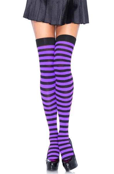 Bild 1 för Striped Nylon Thigh Highs Black/Purple O/S Strumpbyxor