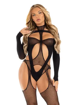 Produktfoto för Suspender Bodystocking & Cut-Out Teddy Black O/S Teddy