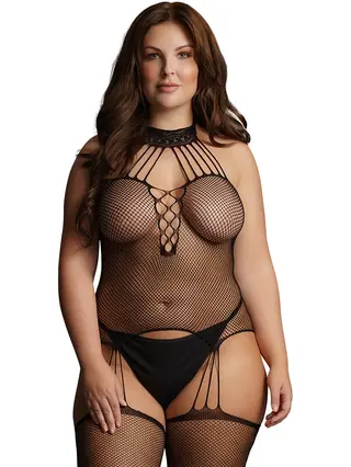 Produktfoto för Suspender Fishnet Choker Bodystocking plus size