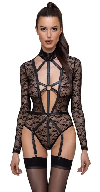 Produktfoto för SVART LÅNGÄRMAD BODY I SPETS MED STRUMPHÅLLARE