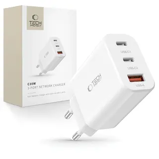 Produktfoto för Tech-Protect 3-Port Väggladdare 30W - Vit