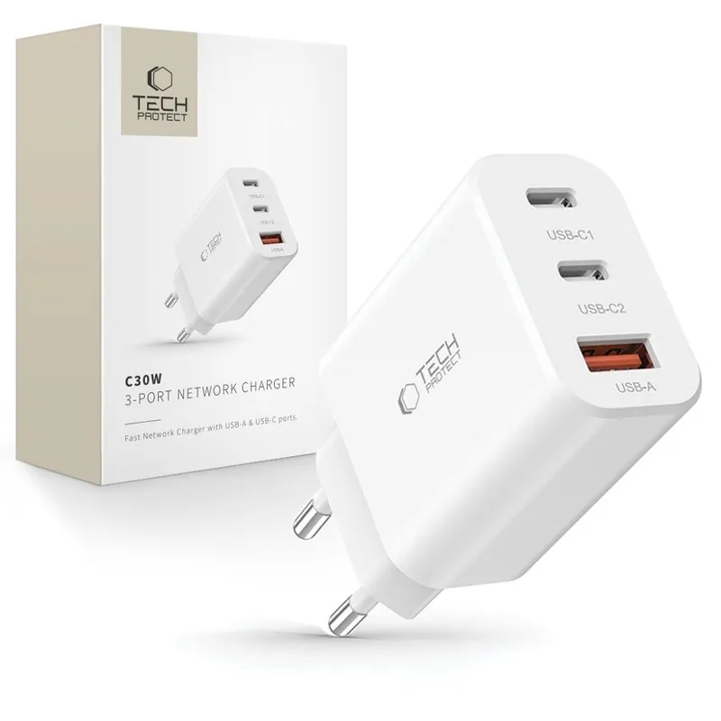 Alternativ bild 0 för Tech-Protect 3-Port Väggladdare 30W - Vit