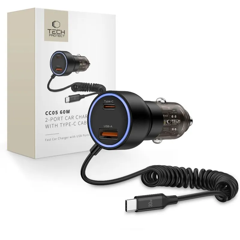 Alternativ bild 0 för Tech Protect Billaddare USB-C Till USB-A 60W Med USB-C Kabel - Svart
