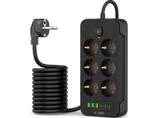 Produktfoto för Tech-Protect Power Socket 3x USB/3x USB-C/6 Sockets 200 cm - Svart
