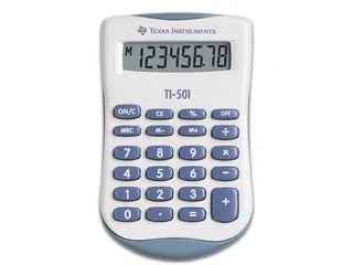Produktfoto för Texas Instruments TI-501, Ficka, Grundläggande, 8 siffror, Batteri, Blå, Vit