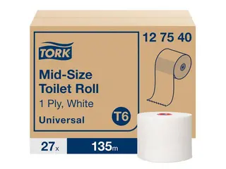 Produktfoto för Toalettpapper T6 Tork Universal 1-lagigt 127540 (låda med 27 rullar)