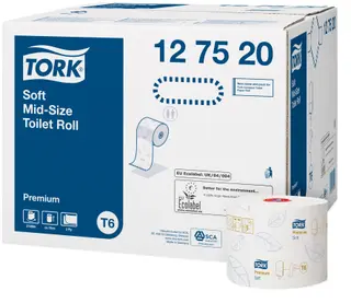 Produktfoto för Toiletpapir Tork Soft Mid-Size T6 Premium 2-lag hvid 90m - (27 ruller pr. karton)