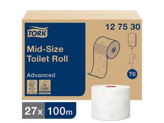 Produktfoto för Toiletpapir Tork T6 Mid-Size Advanced 2-lags hvid 100m - (karton á 27 ruller)