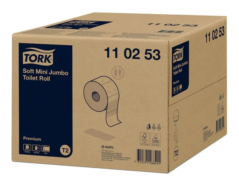 Alternativ bild 0 för Tork Premium Mini Jumbo Soft T2, jumborulle med toalettpapper, 2-lagers, 1214 ark, präglad, 97 mm, vit