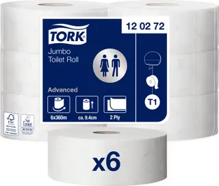 Produktfoto för Tork Toalettpapper, Advanced T1, jumborulle, 2-lagers, 1 800 stycken, präglad, återvunnet, vit
