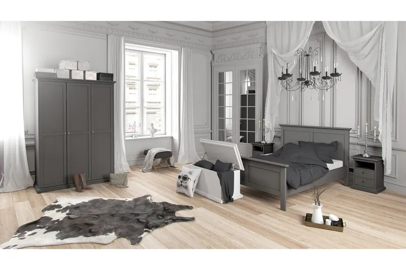 Bild 2 för TVILUM Paris s&auml;ngbord - gr&aring;tt tr&auml;, med 2 l&aring;dor och 1 fack