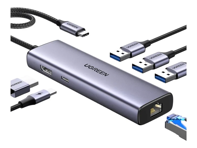Alternativ bild 0 för Ugreen 6in1 USB-C till 3x USB-A 3.0 / HDMI / RJ45 / USB-C PD - Grå