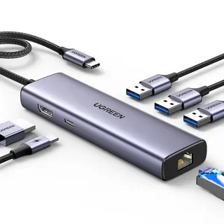 Produktfoto för Ugreen 6in1 USB-C till 3x USB-A 3.0 / HDMI / RJ45 / USB-C PD - Grå