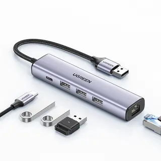 Produktfoto för Ugreen Hub USB-A 3.0 till 3 x USB-A / Ethernet RJ45 / USB-C PD - Grå