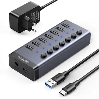 Produktfoto för Ugreen Hub USB-C till 7x USB-A 3.0, PD, DC 12V - Grå