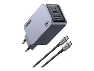 Produktfoto för Ugreen Nexode Pro EU 3-Port GaN PD Fast Charger With USB-C Cable, inomhus, AC, Svart, Grå