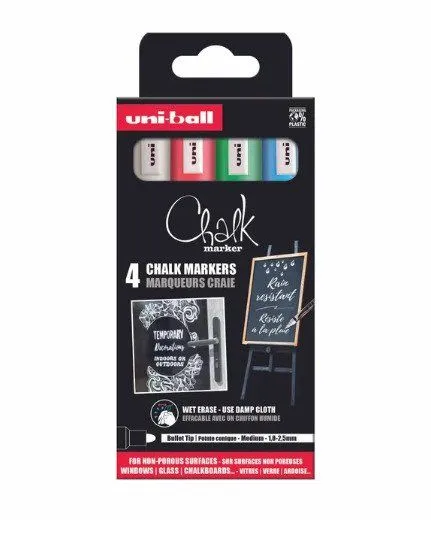 Alternativ bild 0 för Uni Chalk marker set 4 st PWE5 ( vit, röd, grön, blå)