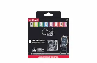 Produktfoto för Uni Chalk marker set 8 st PWE5 (vit, gul, grön, blå, violett, röd, orange, rosa)