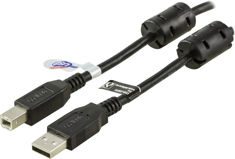 Bild 1 för USB 2.0-kabel Typ A hane, Typ B hane, ferritkärnor, 3m - svart