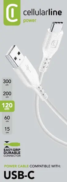 Produktfoto för USB-kabel Cellularline, 2.0, USB-A til USB-C, 1,2 m, hvid