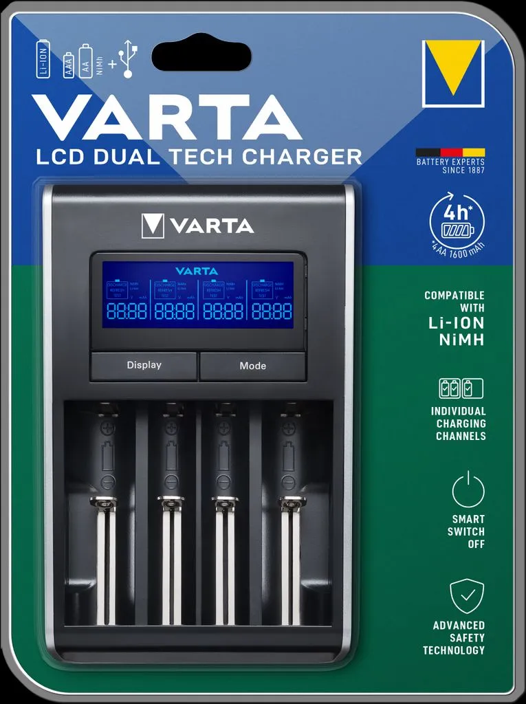 Alternativ bild 0 för Varta LCD Dual Tech Charger - Batteriladdare - (för 4xAA/4xAAA/4x18650/4xRCR123A) + växelströmsadapter - 1 A (4-stifts mini-USB typ A)