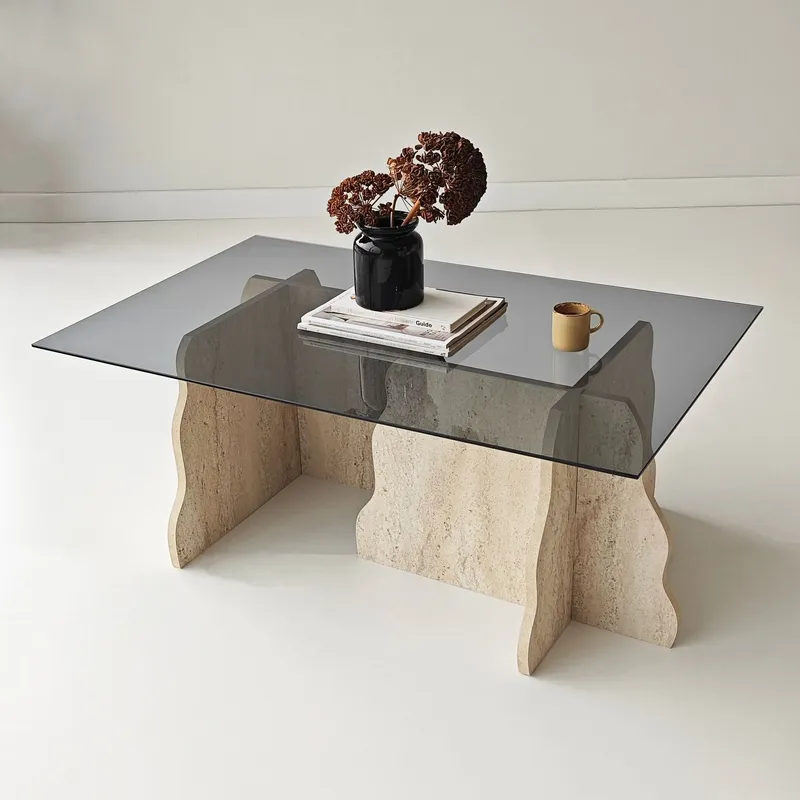 Bild 2 för Zevric Soffbord 65x105 cm Rektangulär Glas - Travertin Och Rökt