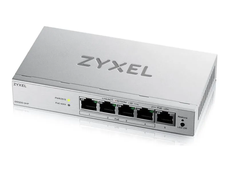 Alternativ bild 0 för Zyxel GS1200v3 Series GS1200-5HPv3 - Switch - Administrerad - 5 x 10/100/1000 - skrivbordsmodell - PoE+ (68 W)